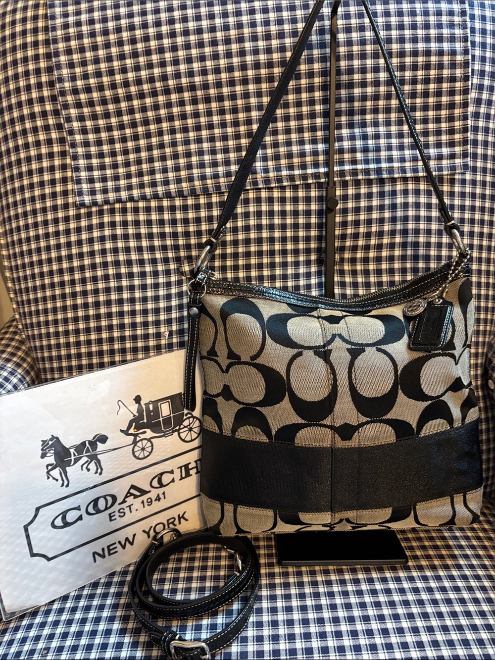 Coach Black and Tan Signature Canvas Crossbody Bag